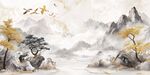 水墨山水间飞鸟伴秋树