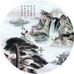 中式山水圆形国画意境装饰画