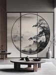 中式禅意茶室山水屏风景