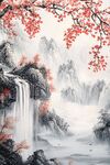 水墨山水间 红枫映飞瀑