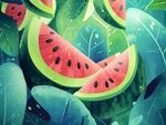 夏日西瓜与绿叶插画