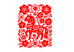 红色剪纸马与花卉图案