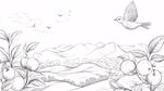 田园飞鸟与硕果素描图