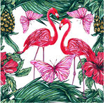 火烈鸟与花卉的热带风情数码印花