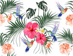 热带花卉与蜂鸟图案数码印花
