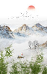 竖幅水墨竹子山水画
