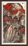 红叶映山景国画作品