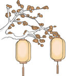 中式枝头挂双灯笼插画 矢量图