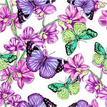 蝴蝶与紫花的梦幻图案数码印花