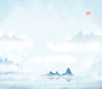 山水淡雅国风背景国画日落淡蓝