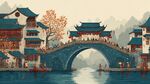 江南古桥水乡美景如画