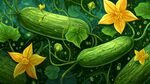 翠绿藤蔓上的黄瓜与黄花