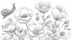 蜗牛与花卉的黑白线稿图