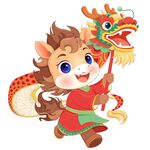 马年春节舞龙庆祝卡通小马驹插画