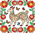 花卉环绕的精美小鹿图案