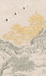 古风山水楼阁飞鸟图背景墙