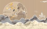 中式山水仙鹤复古风插画