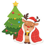 圣诞树披着毯子驯鹿喝热饮插画