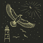 夜空下灯塔旁展翅的飞鸟