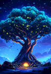 梦幻星空下的发光魔法树
