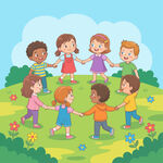 小朋友手拉手草地玩耍