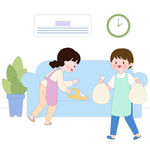 吸尘器扫沙发扔垃圾袋做家务插画