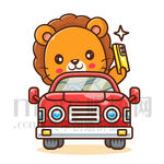 卡通狮子开红色汽车