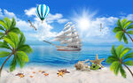 蓝天大海沙滩椰树背景墙