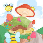 春天蘑菇屋小蜜蜂蜂巢卡通插画