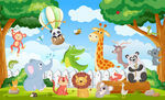 可爱动物世界卡通丛林儿童背景墙