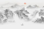 意境水墨山画背景壁画