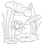 水墨风荷花荷叶线稿图 矢量图