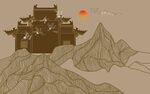 古风山水间的楼阁落日