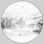 水墨山水圆形画作意境美