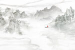 水墨山水间的孤舟意境背景装饰画