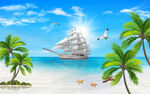 海边椰树海滩风景画背景壁纸