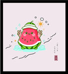 手绘矢量图插画 卡通西瓜游泳图