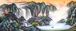 旭日东升山水瀑布壮丽风景图