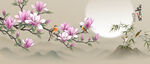 中式玉兰花鸟山水背景墙