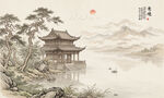 中式古风阁楼水墨山水画背景壁画