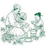 古风孝亲奉茶孩线描图煮茶矢量图