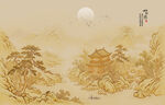中式古风古画床头山水画壁纸壁画