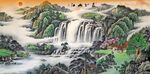 旭日山水瀑布国画
