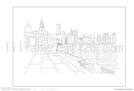 上海新沪上八景之一外滩晨钟线描图