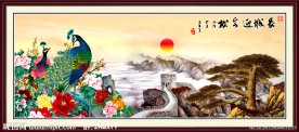 国画 长城 迎客松 牡丹