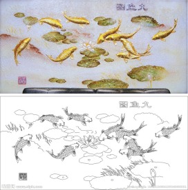 九鱼图 金色鱼 睡莲