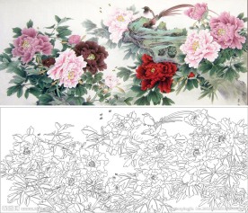 牡丹花 鸟 石头