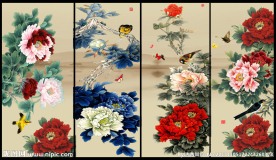 国画牡丹屏风