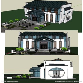 现代中式会所建筑SU模