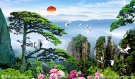 迎客松牡丹仙鹤